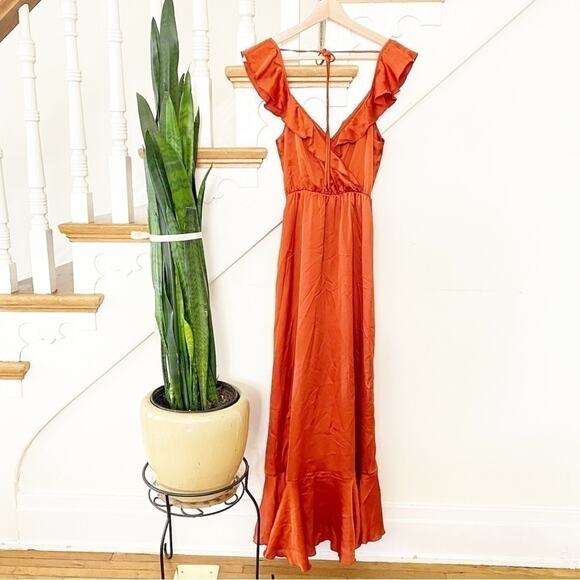 Show Me Your Mumu Burnt Orange Luxe Satin Samantha Ruffle Wrap Dress Size S - Picture 5 of 6